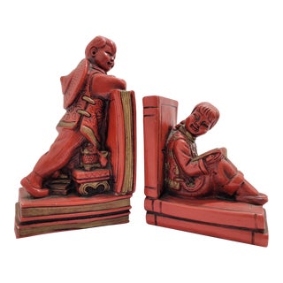 Vintage Asian Red Boy & Girl Bookends - Set of 2 For Sale