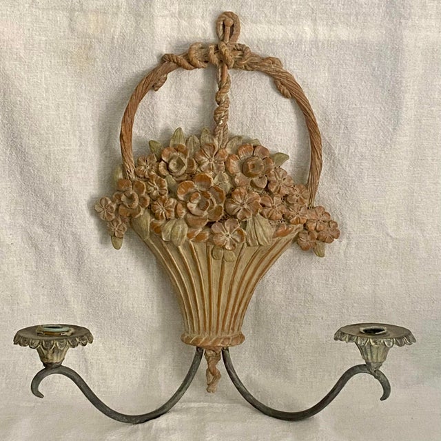 Metal Flower Basket Candle Sconces Metal and Plaster Composite - A Pair For Sale - Image 7 of 10