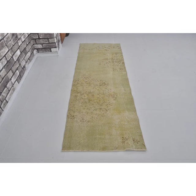Textile 1960s Faded Green Turkish Hallway Runner, Hand-Knotted Wool, Organic Distressed Texture For Sale - Image 7 of 10