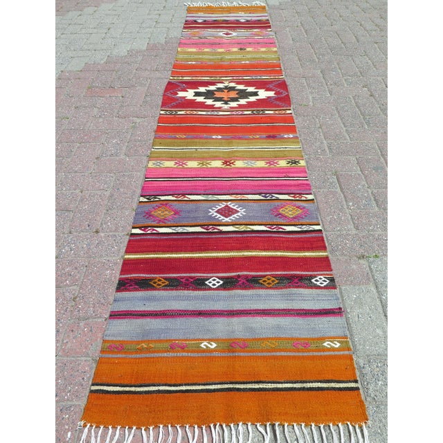 Mid 20th Century Colofull Organic Wool Turkish Kilim Runner Hallway Rug For Sale - Image 11 of 11