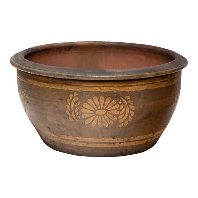 Chinese Golden Chrysanthemum Terracotta Pot, C. 1950 For Sale