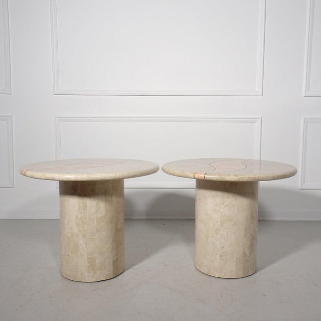 Casa Bique Post Modern Tessellated Stone Abstract Brass Inlay Pedestal Tables - a Pair For Sale - Image 4 of 7