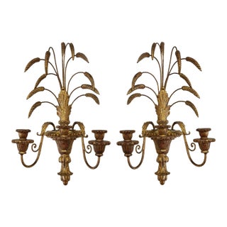 Vintage Italian Gilt Wood Tole Sheaf of Wheat Candle Sconces, a Pair For Sale