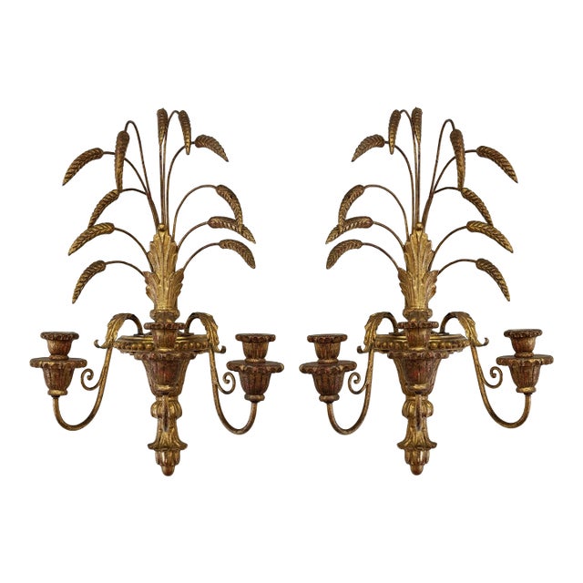 Vintage Italian Gilt Wood Tole Sheaf of Wheat Candle Sconces, a Pair For Sale