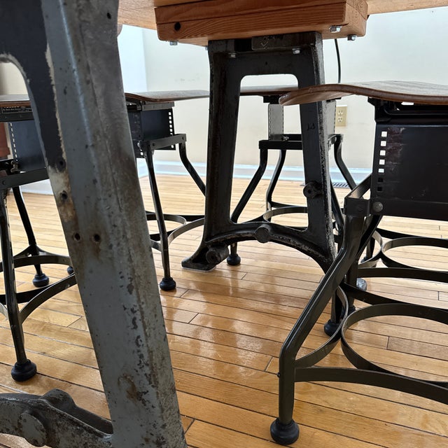 Wood Rare 8 Matching Original Toledo Stools With Custom Table Made From Vintage Work Table Top and Unique Iron Legs For Sale - Image 7 of 12