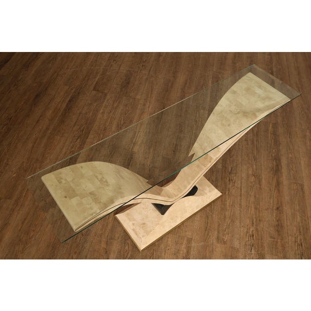 Art Deco Postmodern Glass Top Travertine Console Table For Sale - Image 3 of 18