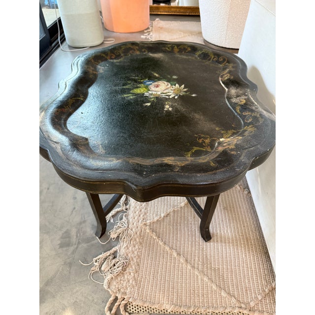 Antique Chinoiserie Tray Table – 19th C. Papier-Mâché, Faux Bamboo Base, Black Side Table For Sale In Los Angeles - Image 6 of 9