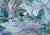 Large watercolor painting on heavy art paper stock with a softly abstracted style, depicting a serene and shady walled...