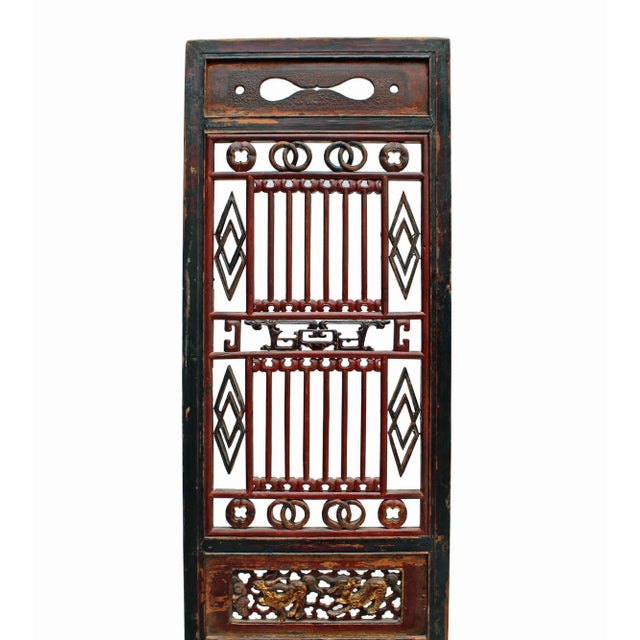 Chinese Gold Red Brown Graphic Carving Wood Decor Panel For Sale - Image 4 of 8