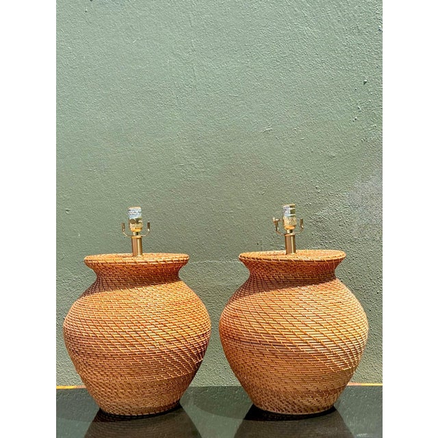 Wood Vintage Ralph Lauren Woven Rattan Table Lamps - A Pair For Sale - Image 7 of 14