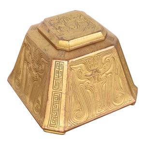Tiffany Studios New York Chinese Pattern Bronze Doré Large Inkwell