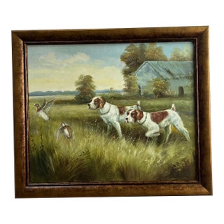 Acrylic Painting of Dogs Flushing Quail in a Field For Sale