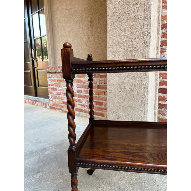 Antique English Barley Twist Tea Trolley Bar Cart Table Tiger Oak Dumbwaiter For Sale - Image 16 of 18