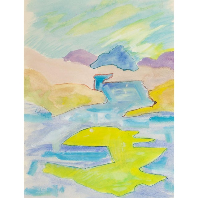 A watercolor painting by the American artist Harry Hilson (1935-2004). This abstract painting depicts a colorful landscape...