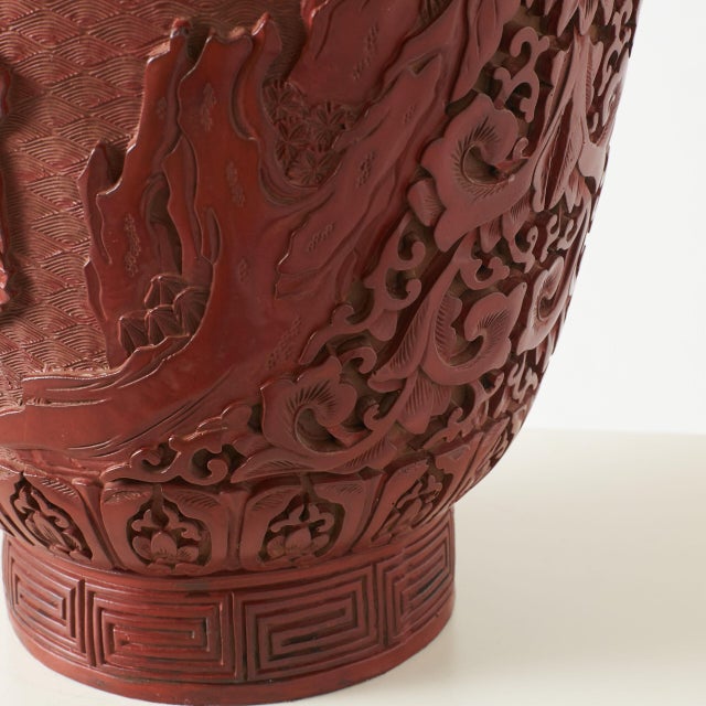 Paint Carved Cinnabar Lacquer Vase For Sale - Image 7 of 9