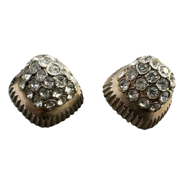1950s Costume Jewelry Gilt Metal and Crystals Italian Toppe Clip on Earrings For Sale