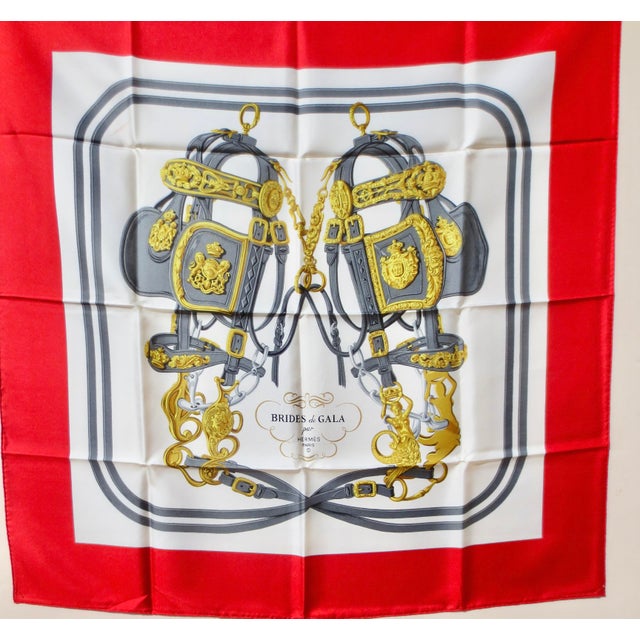 Hermès Silk Scarf "Brides de Gala " Red, Gold, white, and grey colors. 35.5" by 35.5" with Hermes Box