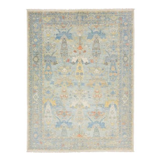 12 X 16 Modern Sultanabad Hand-Knotted Wool Rug – Sky Blue & Goldenrod Floral For Sale