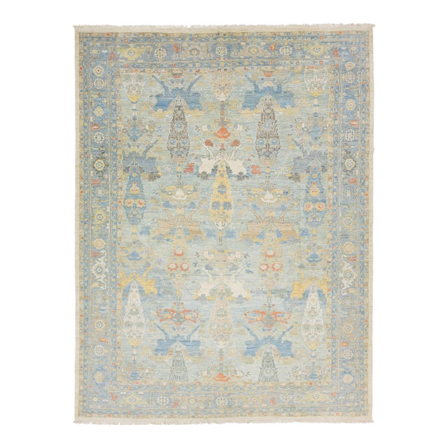 12 X 16 Modern Sultanabad Hand-Knotted Wool Rug – Sky Blue & Goldenrod Floral For Sale