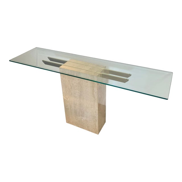 Italian Artedi Travertine Glass Console Table For Sale