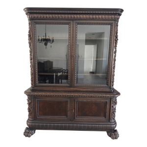 Victorian Carved Walnut Clawfoot Curio China Cabinet Bookcase - Zipfel Furniture