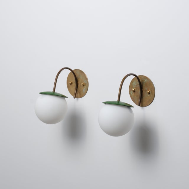 Vintage Italian Brass Wall Lamps with Green Details and Opaline Globes, 1950s, Set of 2 For Sale - Image 15 of 15