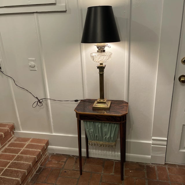 A fine Late 1800s spirit lamp with Messengers Patent Duplex #2 burner. A stepped square brass base with a reeded coulumnar...