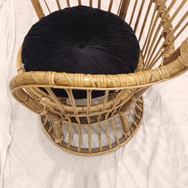 Vintage Wicker and Bamboo Bucket Chair Comes With a Black Cushion For Sale - Image 16 of 18