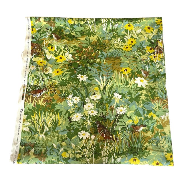 5 Yds VTG MCM Riverdale Screenprint Floral Cotton Fabric '76. Green, White, For Sale