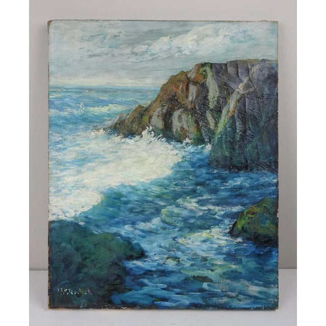 Textile Vintage Early 20th Century Rocky New England Seascape Painting For Sale - Image 7 of 8