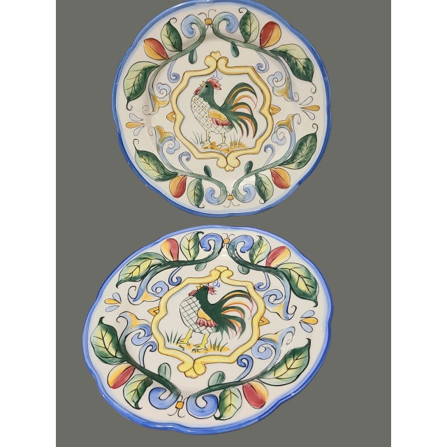 Fitz & Floyd 4 Hand Painted "Ricamo" Rooster Salad Dessert Luncheon Plates For Sale - Image 6 of 7