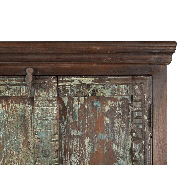 Farmhouse Distressed Blue Teak Wood Repurposed Door Tall Bedroom Armoire | Solid Wood Cupboard For Sale - Image 3 of 4