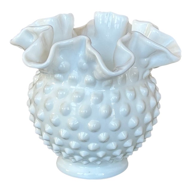 Fenton Style Hobnail Milk Glass Ruffled Rim Vase For Sale