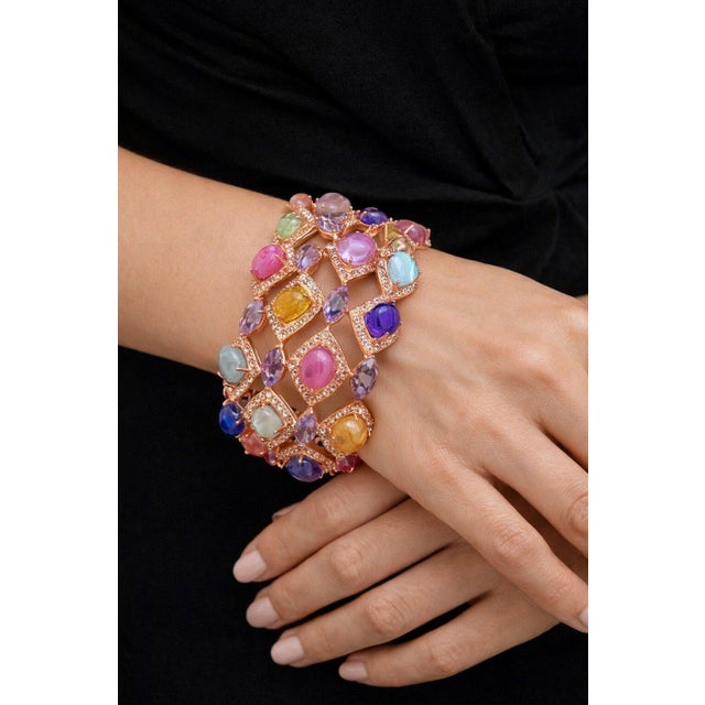 Bochic “Capri” Vintage Ruby & Multi Sapphire Bangle Set In 18K Gold & Silver For Sale In New York - Image 6 of 10