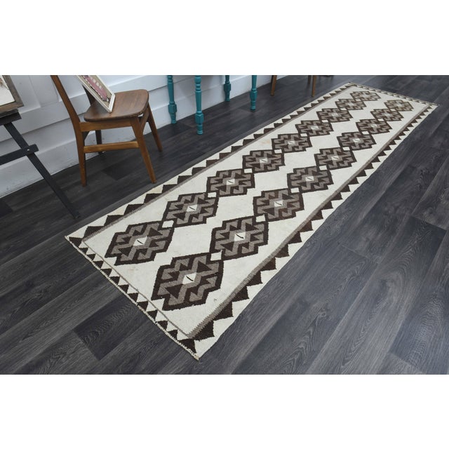 1970s Vintage Handmade Wool Cotton White Brown Runner Rug For Sale - Image 4 of 11