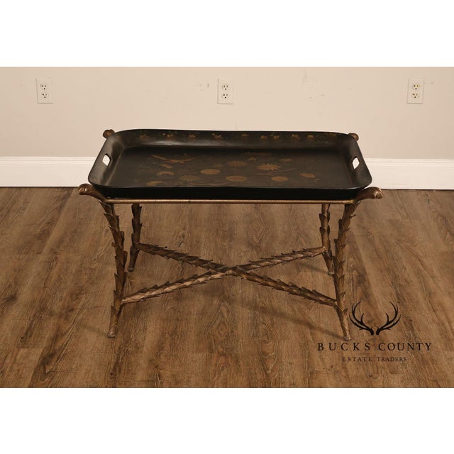 Black Tole Painted Tray Top Coffee Table With Gilt Metal Base For Sale - Image 8 of 17