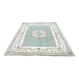 Handmade Green and White Wool Rug For Sale