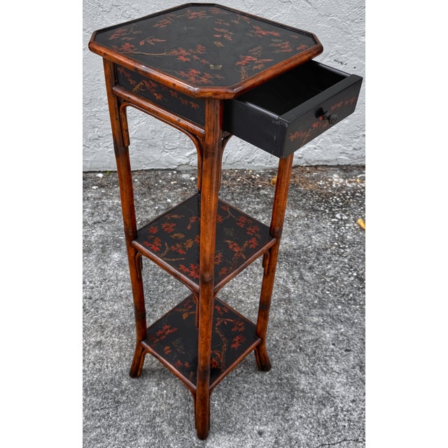 Wood Chinoiserie Lacquered Bamboo 3-Tier Pedestal & Drawer For Sale - Image 7 of 8