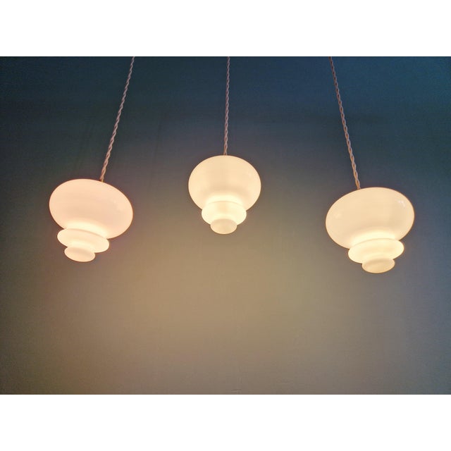 Metal Scandinavian Pendant Lights in White Opaline Glass, 1960, Set of 3 For Sale - Image 7 of 18