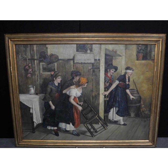 Spanish Artist, Blindfold Scene, 1980s, Large Oil on Canvas, Framed For Sale - Image 12 of 12