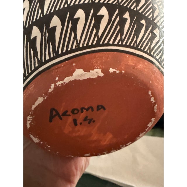 1980s Acoma Native American 11” Pottery Vase Black and White Geometric Design Signed For Sale - Image 5 of 11