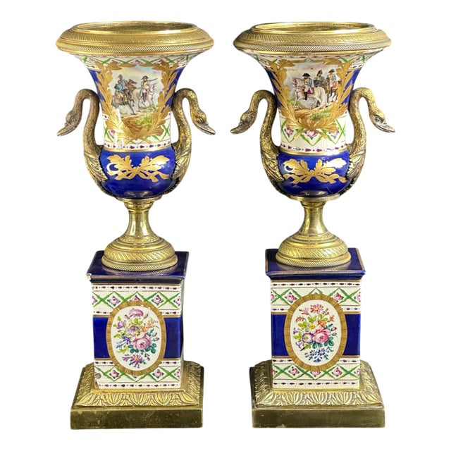 Antique Napoleon III French Sèvres Bronze and Porcelain Vases, 1870s, Set of 2 For Sale