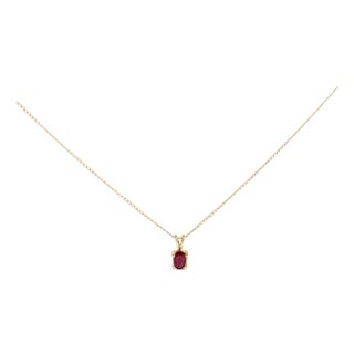 14K Yellow Gold 6x4MM Oval Shaped Red Ruby Solitaire Pendant Necklace For Sale