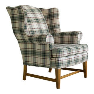 Late 20th Century Plaid Camelback Wingback Chair, Made in Usa by Cochrane For Sale