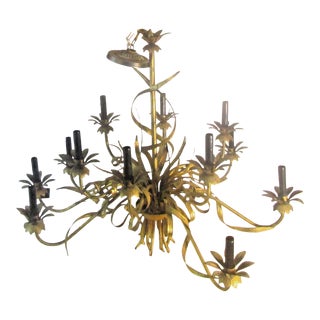 1950's Mid-Century Modern Gilt Tole Wheat Sheath Style 12-Arm Chandelier For Sale