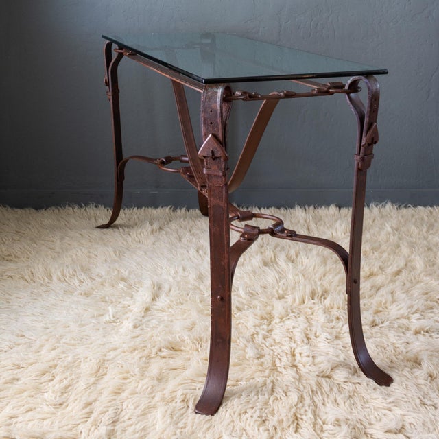 Jacques Adnet Hermes Style Iron Leather Bridle Strap Equestrian Console Table For Sale - Image 6 of 18