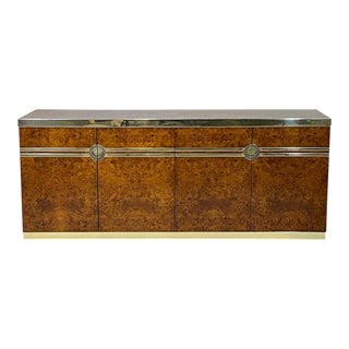 1970s Pierre Cardin Burled Olive Credenza Case Piece With Brass Detail For Sale