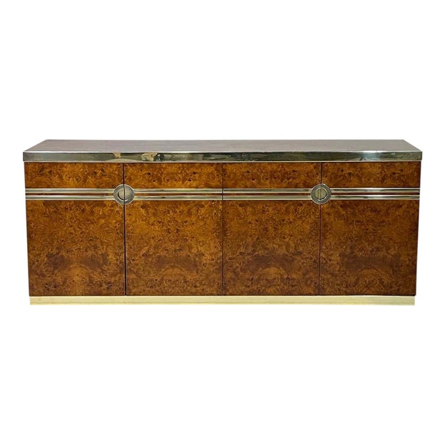 1970s Pierre Cardin Burled Olive Credenza Case Piece With Brass Detail For Sale