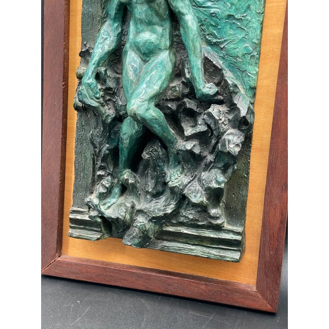 Contemporary Artist Signed Bronze Wall Hanging Sculpture of Nude Woman on a Wooden Frame Circa 1990 For Sale - Image 3 of 11