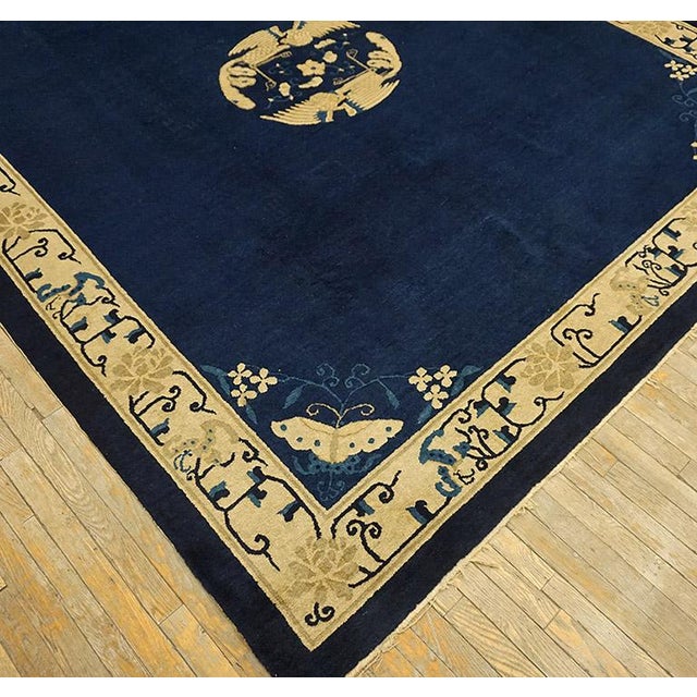 1920s Navy Blue Field Antique Floral Medallion Hand Knotted Chinese Peking Rug For Sale - Image 9 of 10